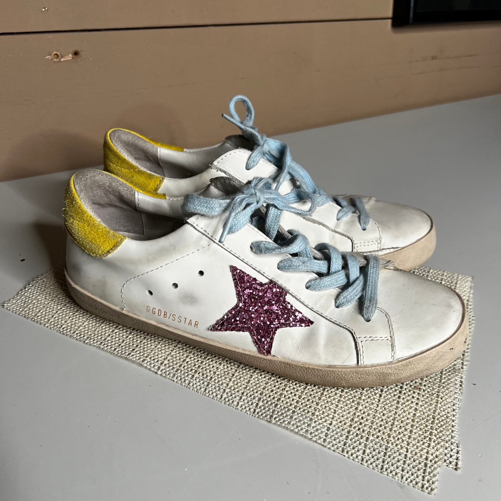 Golden Goose Superstar White Leather Pink Glitter Star Yellow Suede Sneakers 41